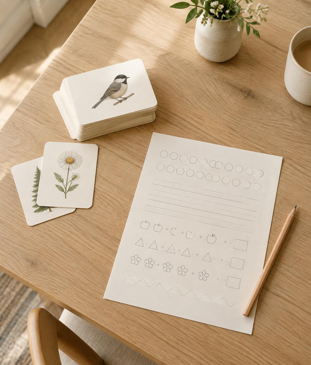 Stack of printed flashcards and a drill sheet on a pale oak kitchen table in morning light